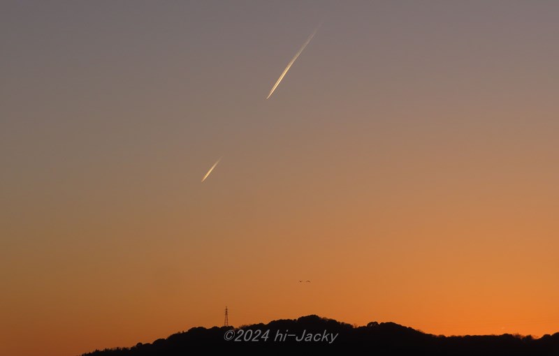 夕焼けの飛行機雲