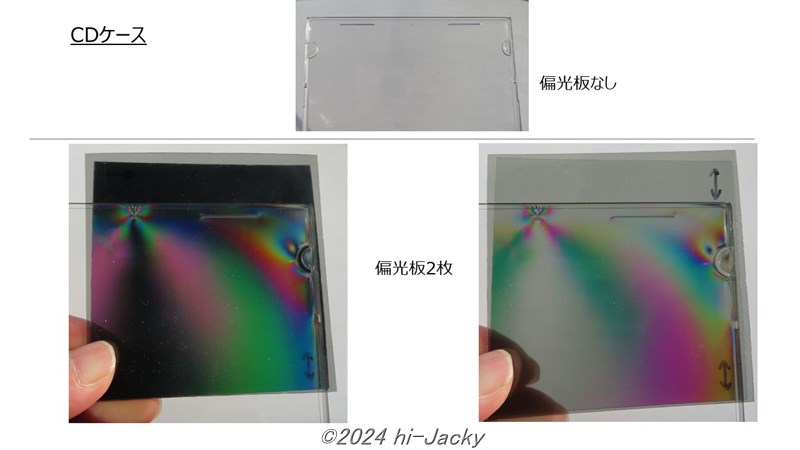 偏光板と透明CDケースを使った光弾性の実験