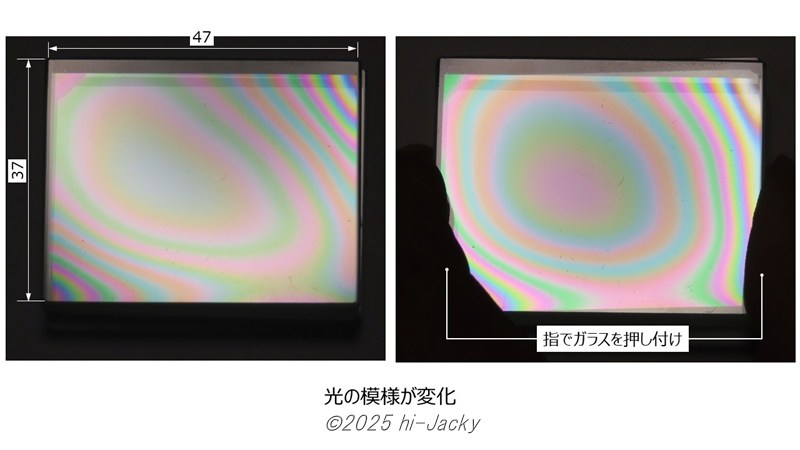 2枚のガラス板の間にできた白色光の干渉縞