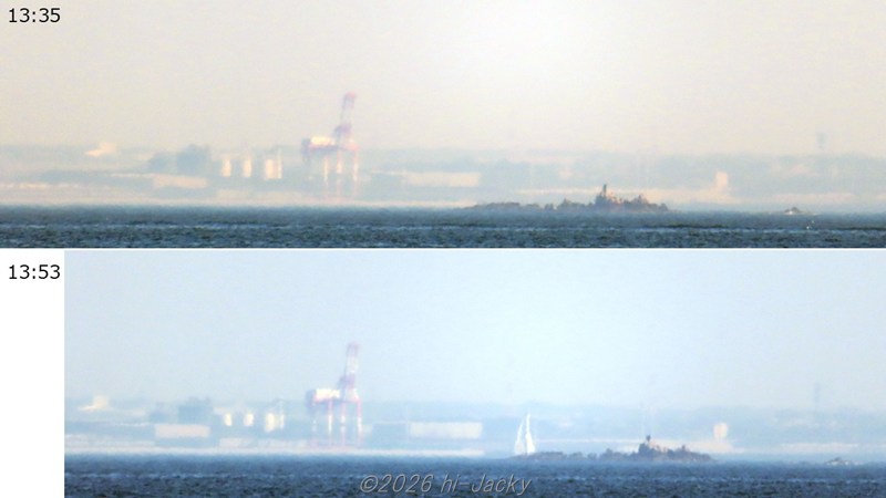 三河港コンテナターミナルが蜃気楼で変化する様子