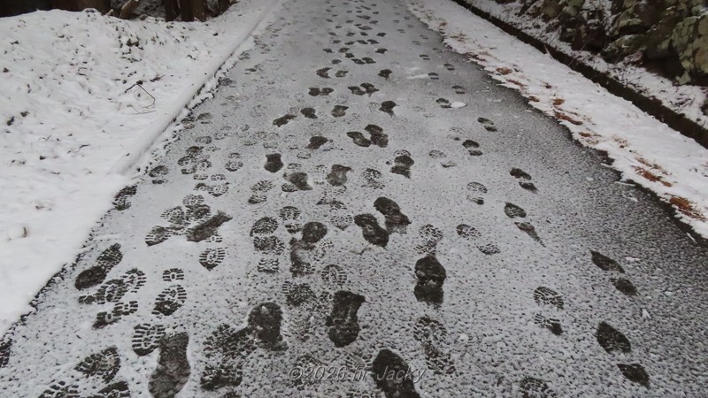 積雪のところについた黒い足跡