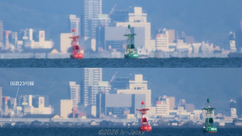 形原から見た豊橋駅方面，国道23号線が縦に伸びている